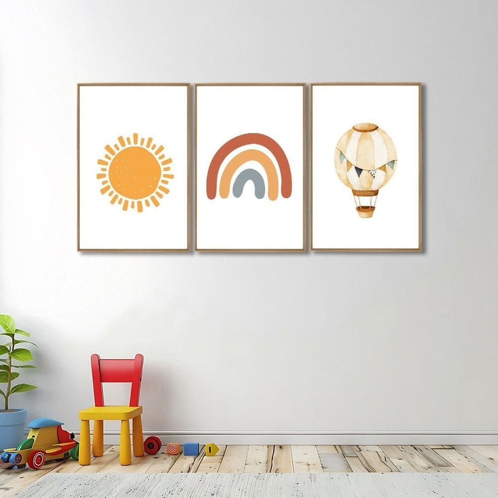 Quadro Decorativo Infantil Sol Balão e Arco Íris 3 Telas 60x90 Cm para Quarto Sala Brinquedoteca