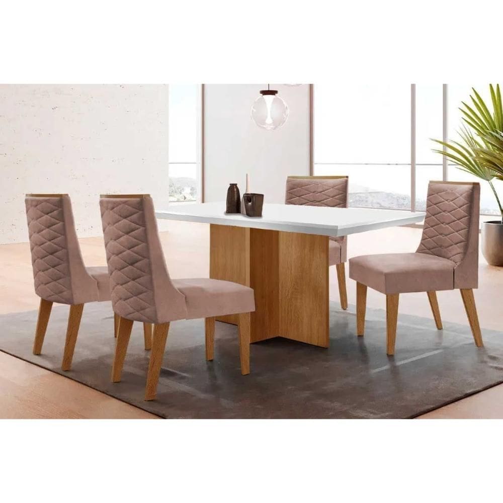 Conjunto Sala de Jantar Berlim c/ Tampo Madeirado c/ Vidro Canto Curvo 120x80cm e 4 Cadeiras Dafne Madeira Maciça Naturale/Off White - Capuccino/Linho