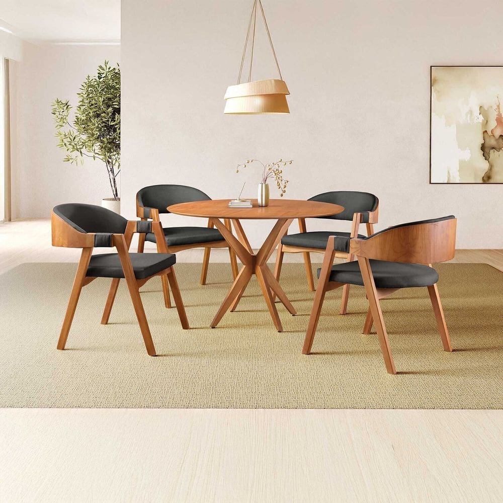 Conjunto de Mesa Redonda 108cm com 4 Cadeiras Gaia Preto/Freijó