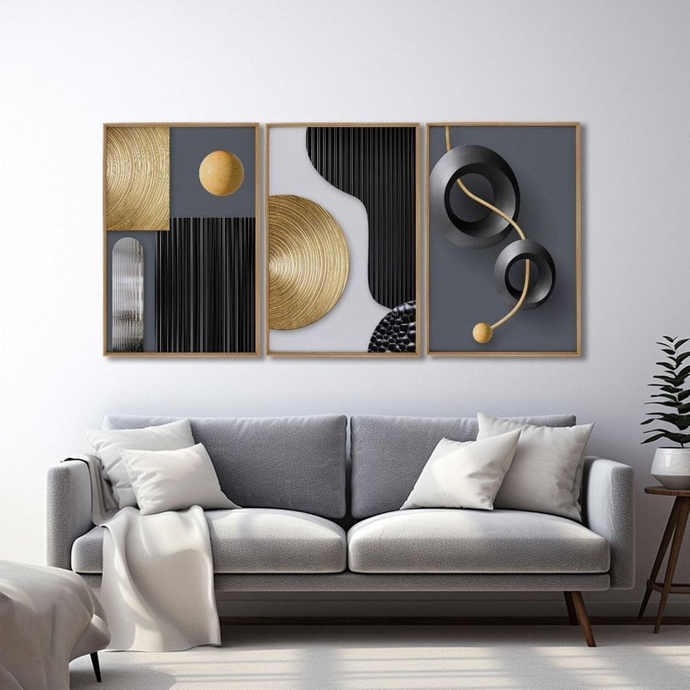 Quadro Decorativo Abstrato Formas e Linhas 3 Telas 60x90cm para Sala Quarto Escritório