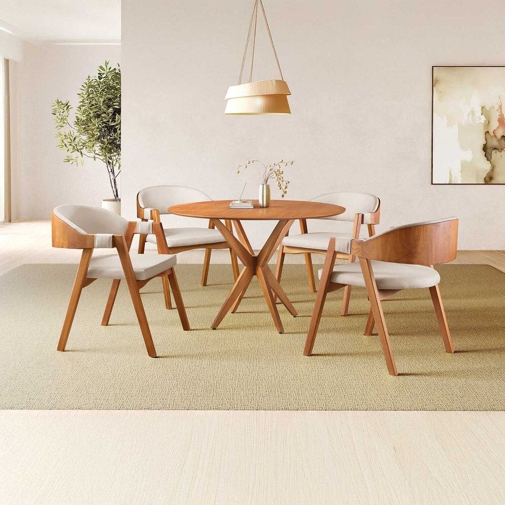 Conjunto de Mesa Redonda 108cm com 4 Cadeiras Gaia Nude/Freijó