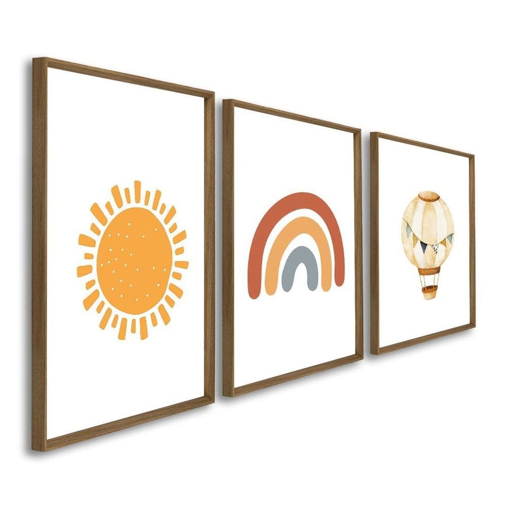 Quadro Decorativo Infantil Sol Lua e Nuvens 3 Telas 60x90cm para Quarto Sala Brinquedoteca
