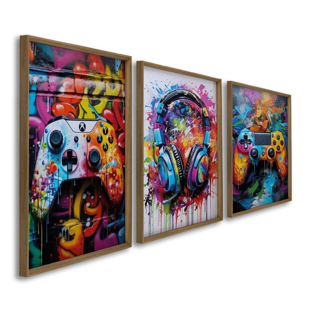 Quadro Decorativo Controle de Vídeo Game 3 Telas 60x90cm para Sala Quarto Escritório
