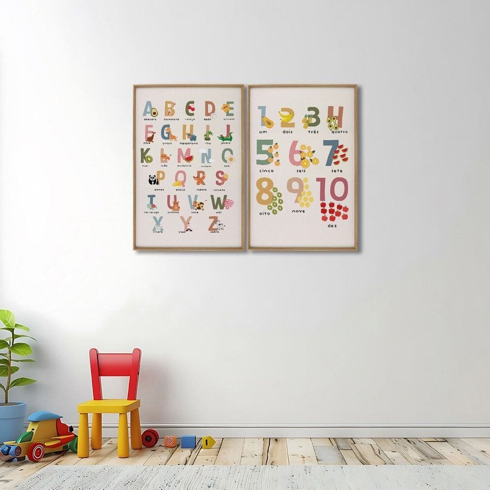Quadro Decorativo Alfabeto Didático Infantil 2 Telas 60x90cm para Quarto Sala Brinquedoteca