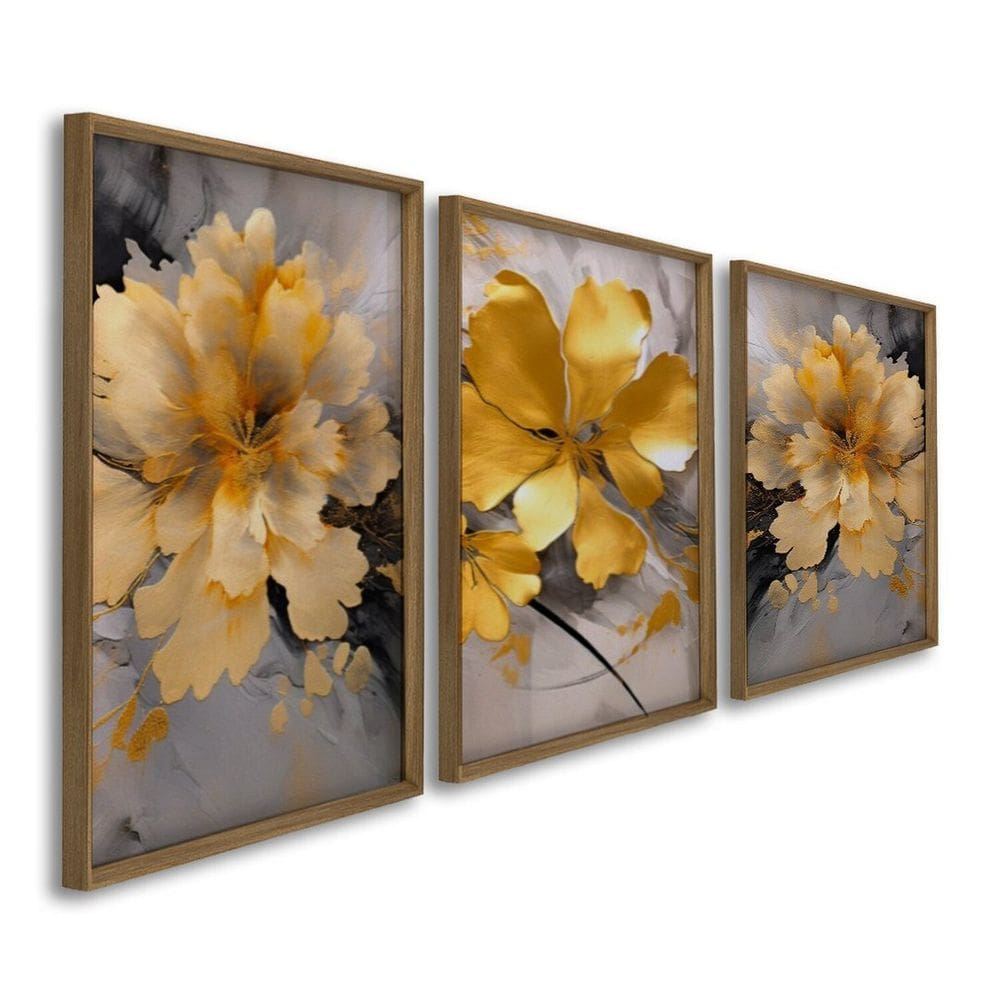 Quadro Decorativo Abstrato Floral 3 Telas 60x90 para Sala Quarto Escritório