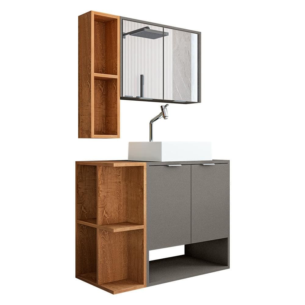Gabinete Banheiro Star com Cuba Dalla e Valvula Click Inox Titanium/Naturale