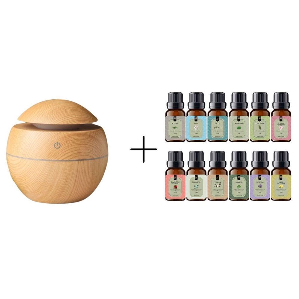 Kit 12 Essências 10Ml + Difusor Elétrico Madeira Clara
