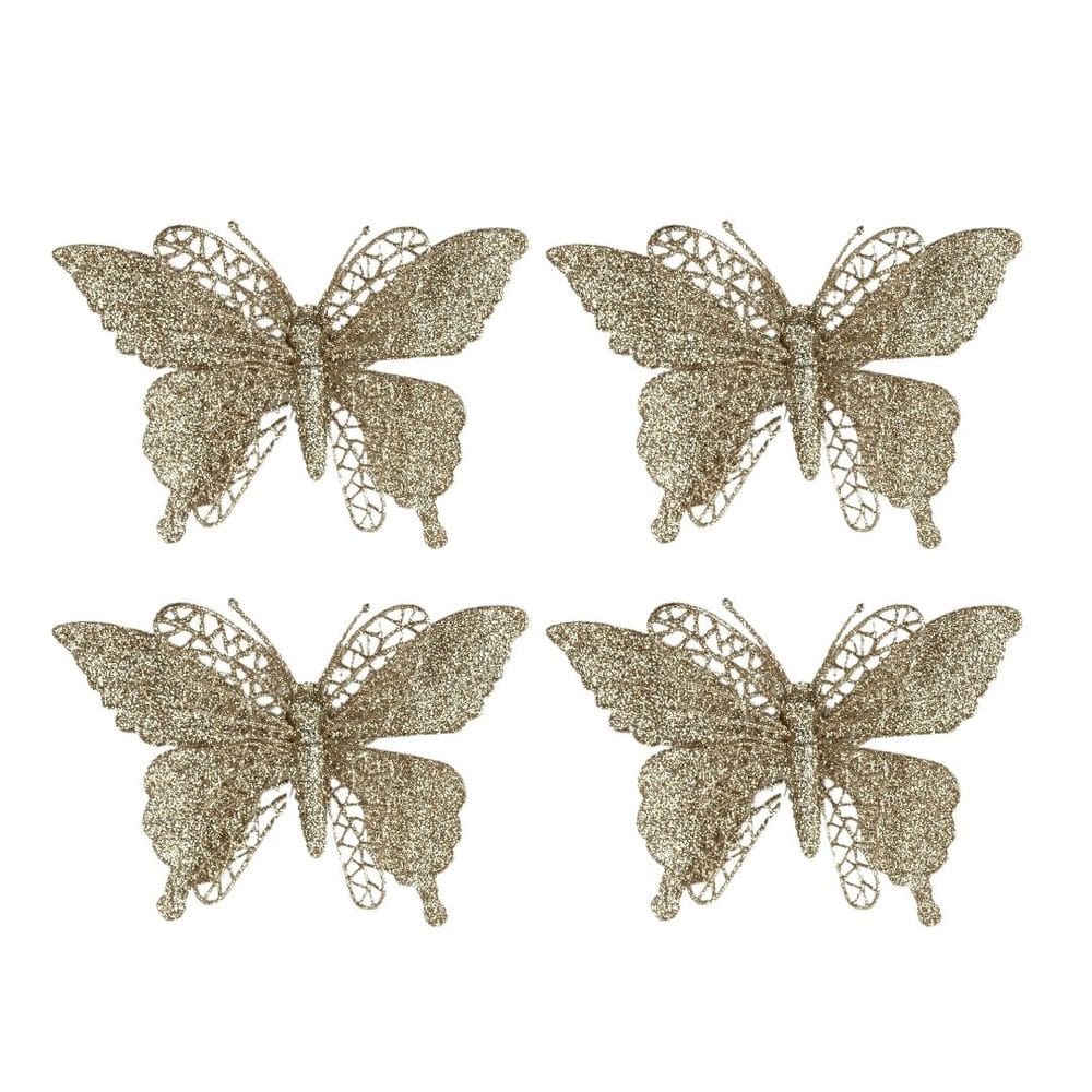 Jogo 4 Borboletas Champanhe Glitter 12x18cm Enfeite Natal com Presilha