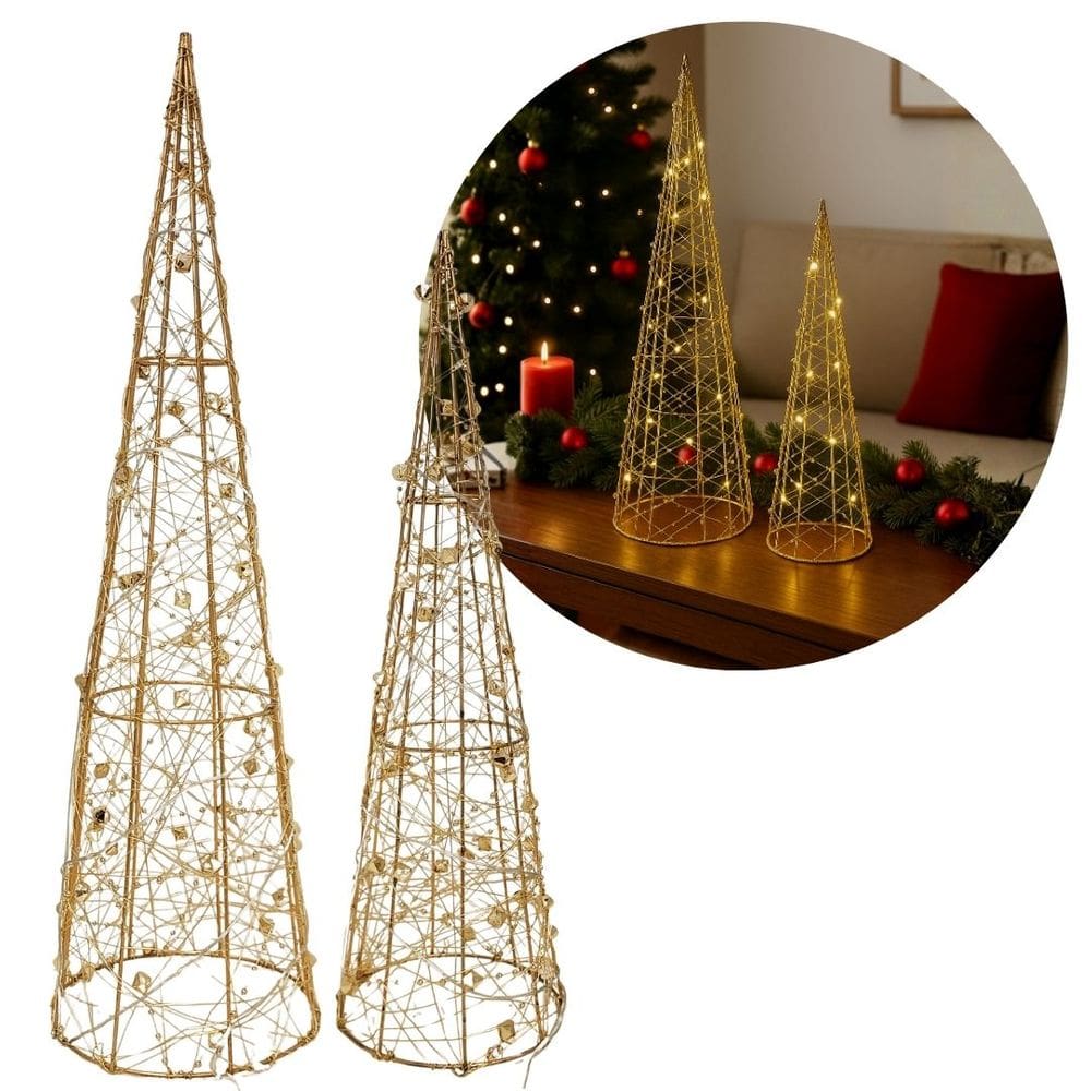 Conjunto 2 Árvores Cone Iluminadas Aramada Pingente Decor Dourado Luxo 50cm e 40cm