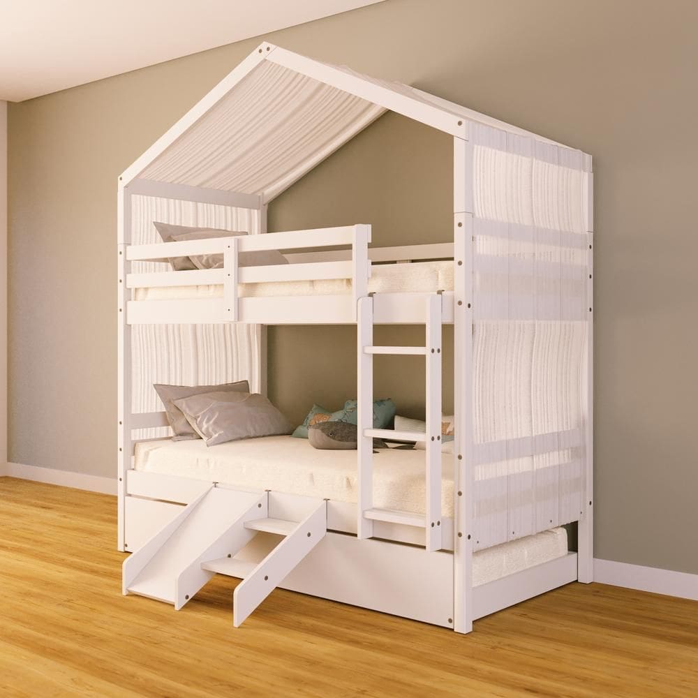 Treliche Solteiro Casinha Cortina e Kit Escada/Escorregador Madeira Maciça Branco Megamobilia