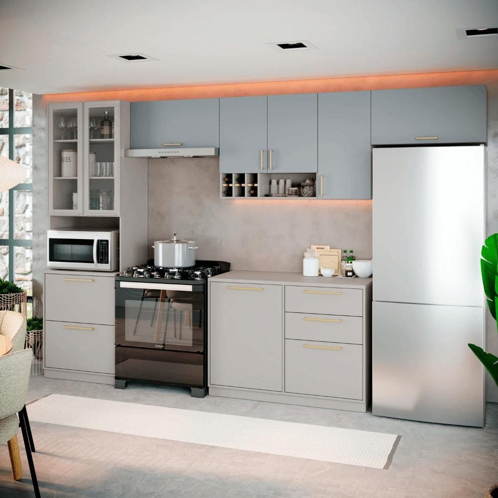 Cozinha Completa Itatiaia Essence 350cm com Vidro em Madeira Fendi/Gris