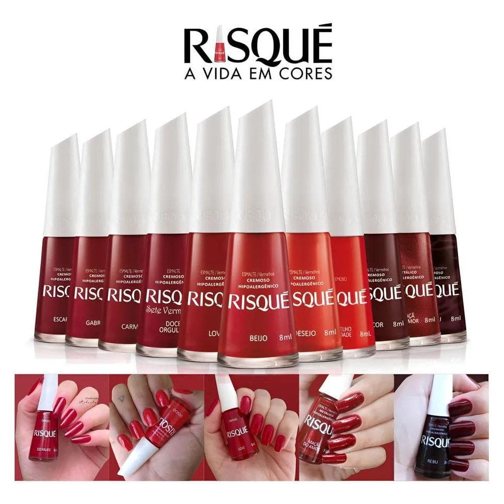2X Kit Esmalte Risque  Manicure 11 Cores Tons Vermelh