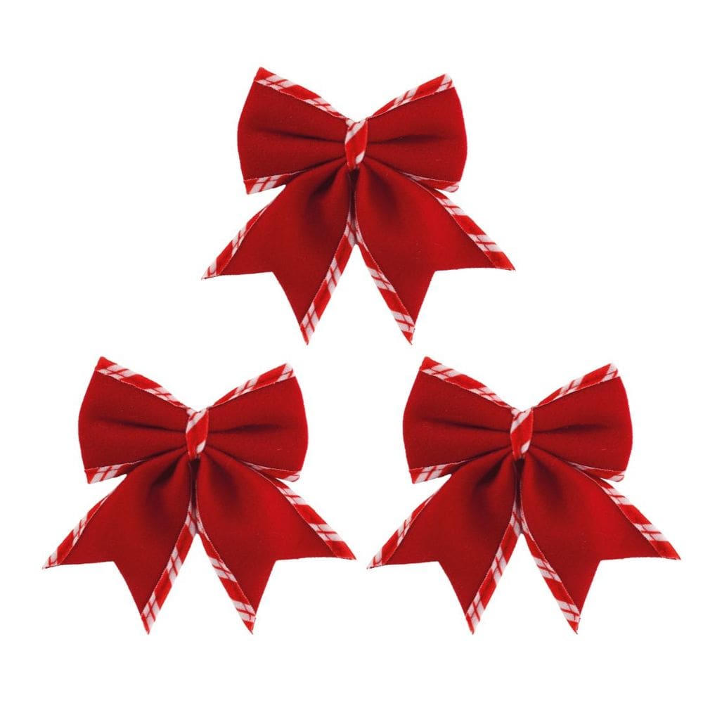Jogo 3 Laços Natalinos Veludo Vermelho Borda Candy Listrada Prime 9x10cm