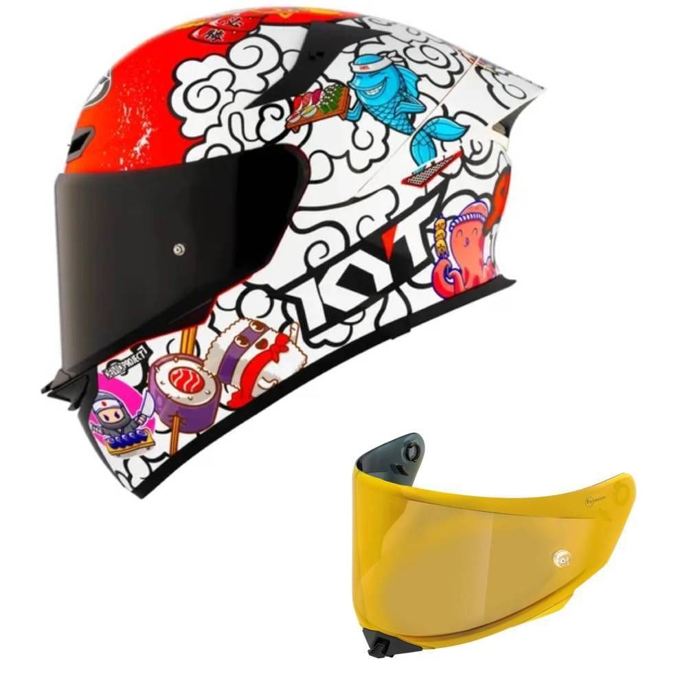 Capacete KYT TT Revo Sushi Time Branco e Vermelho Mais Viseira Dourada