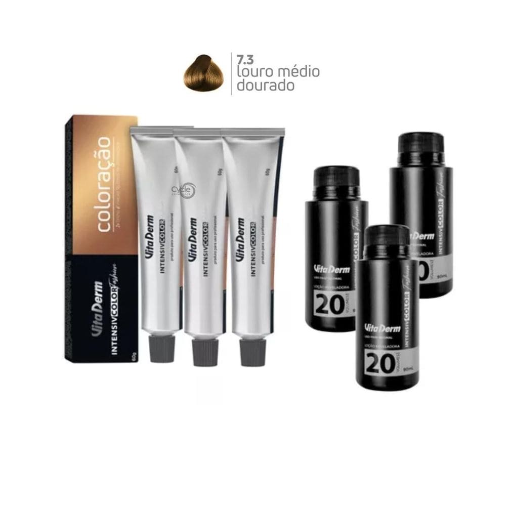 3 Colorações Vita Derm 7.3 + 3 Ox Vita Derm 20 Vol 90Ml