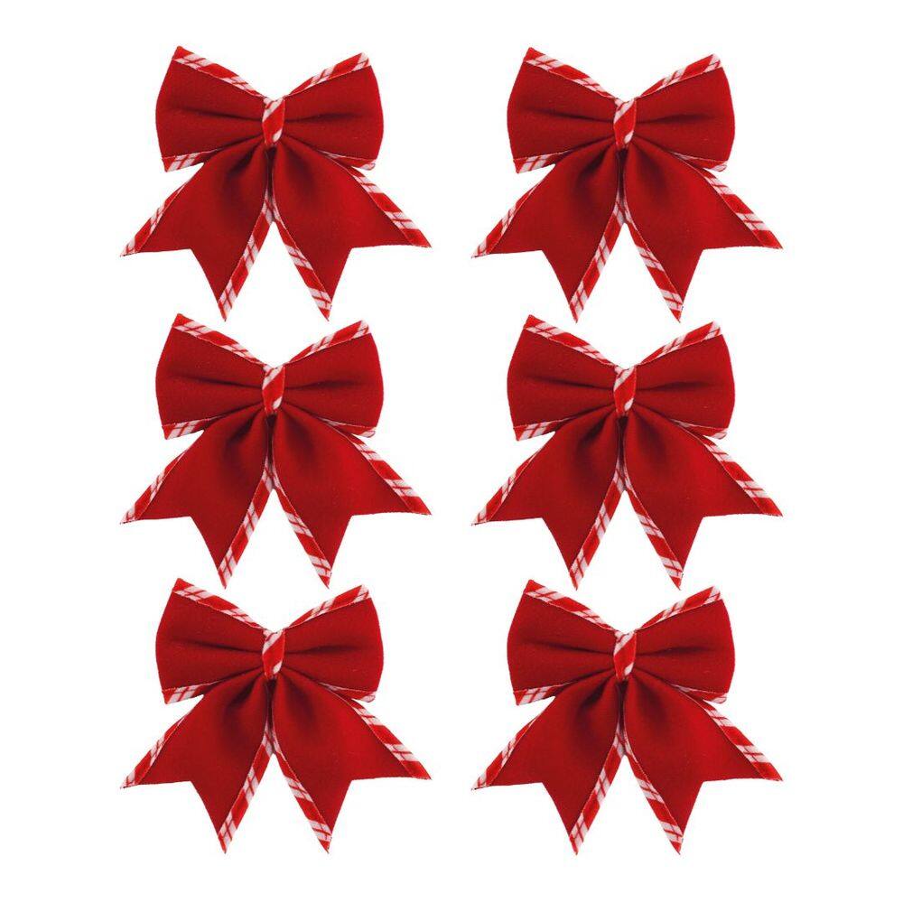 Jogo 6 Laços Natalinos Veludo Vermelho Borda Candy Listrada Prime 9x10cm