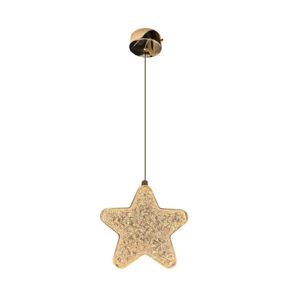 Lustre Pendente Led Amarelado Estrela Dourado Acrílico 10W