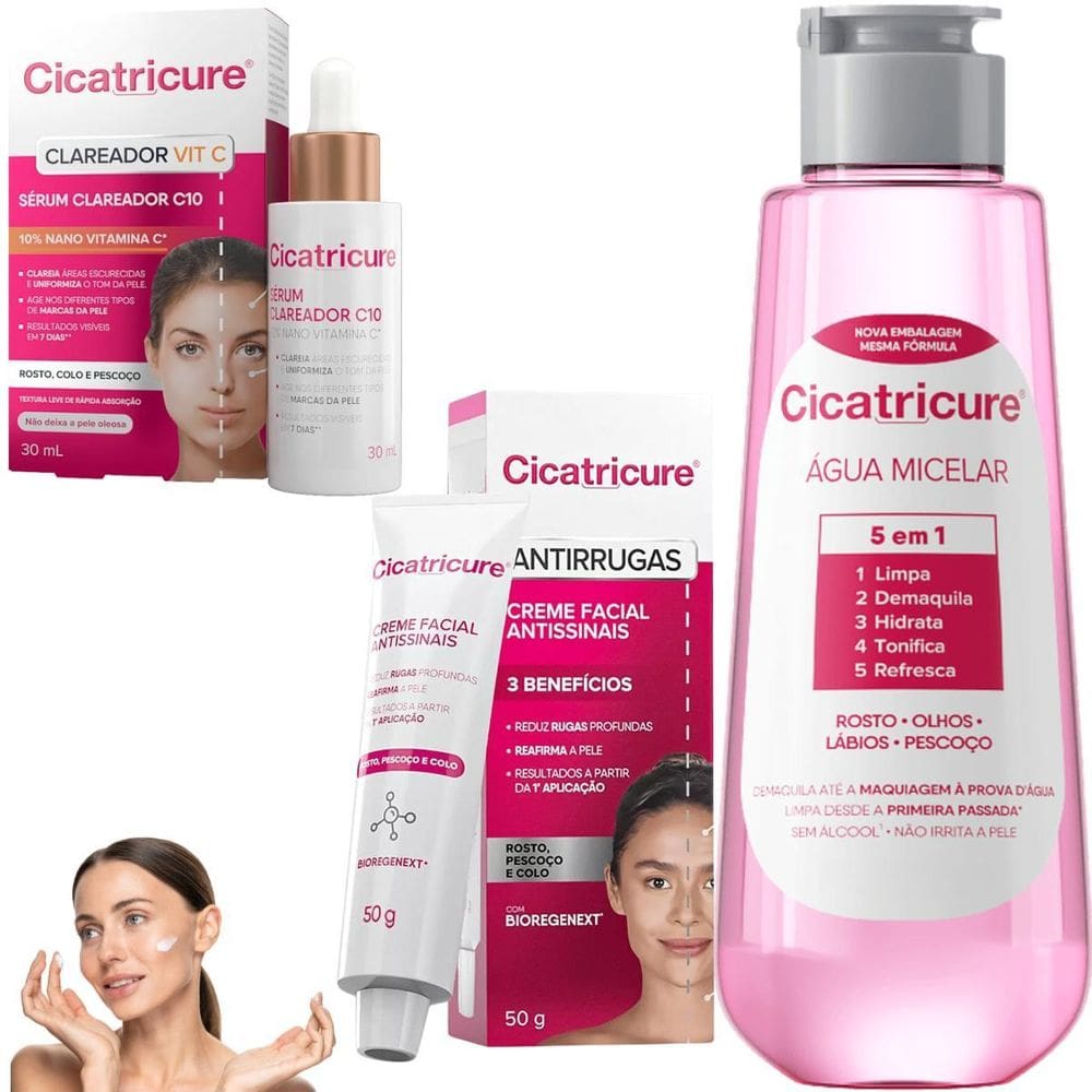 Kit Cicatricure Água Micelar Clareador Cremefacialantirrugas