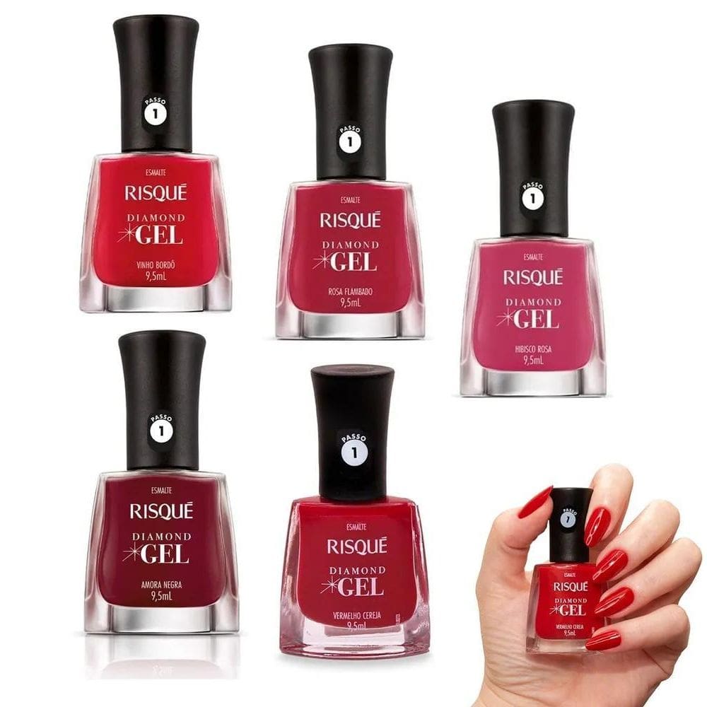 2X Kit 5 Esmaltes Risque Diamond Gel Tons De Vermelho Atacad