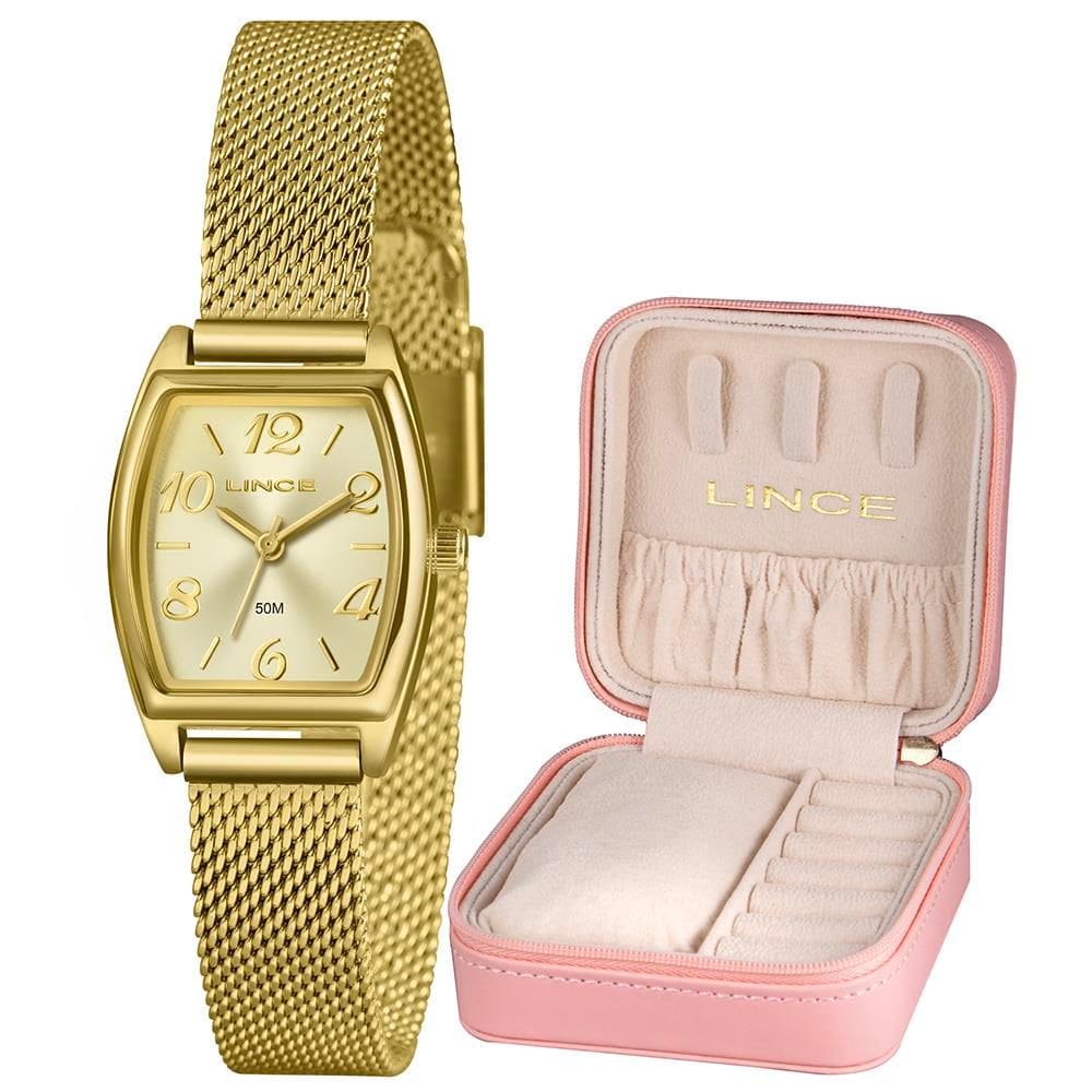 Relógio Lince Feminino Ref: Lqgh278l22 C2kx Dourado Retangular Estojo Porta Joia