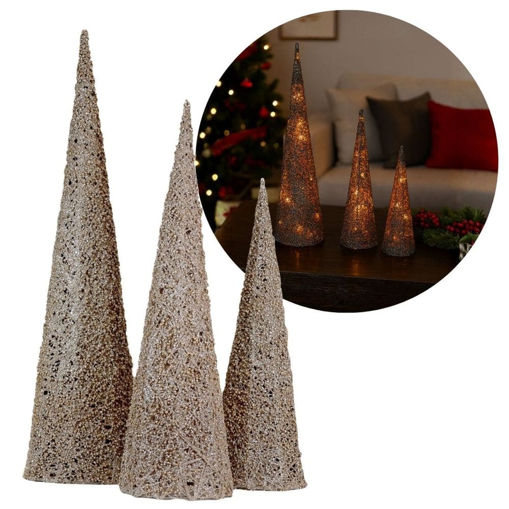 Jogo 3 Árvores Decorativas Aramadas Cone Cotton Champanhe Glitter Luxo LED Branco Quente 60cm, 50cm e 40cm