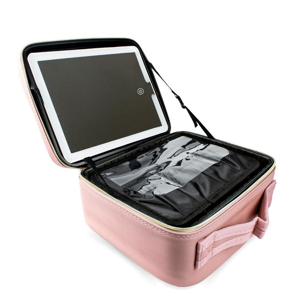 Maleta Bolsa Make Acessórios Espelho Led Porta Pincel Rosa