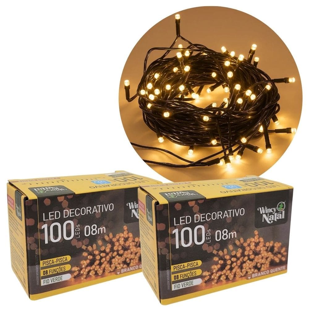 Kit 2 Piscas LED Branco Quente Sequencial 100 Lâmpadas 8 Funções Fio Verde 8 Metros 127V