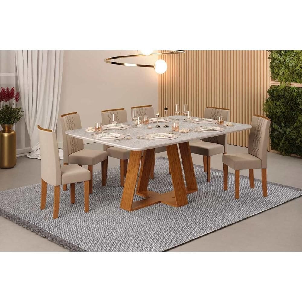 Sala de Jantar Completa Celeste c/ Tampo Madeirado Retangular 170x90cm e 6 Cadeiras Zoe Freijo/Quartzo - Suede Creme - DJ Móveis