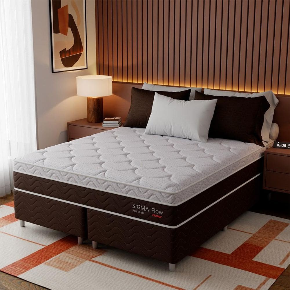 Cama Box com Colchão Queen Sigma Flow (23x158x198) Marrom e Branco