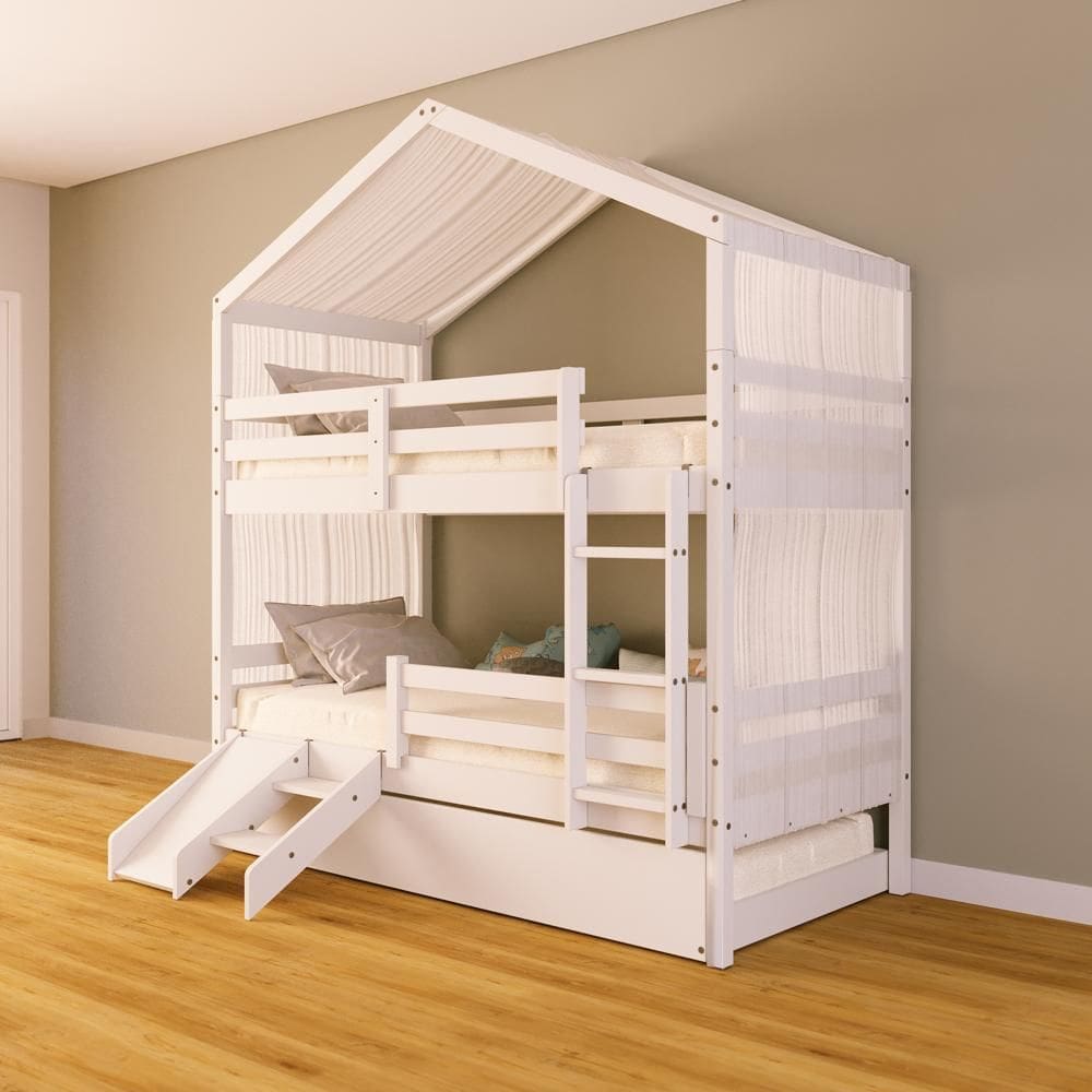 Treliche Solteiro Casinha Cortina e Kit Escada/Escorregador Grade Proteção Madeira Maciça Branco Megamobilia
