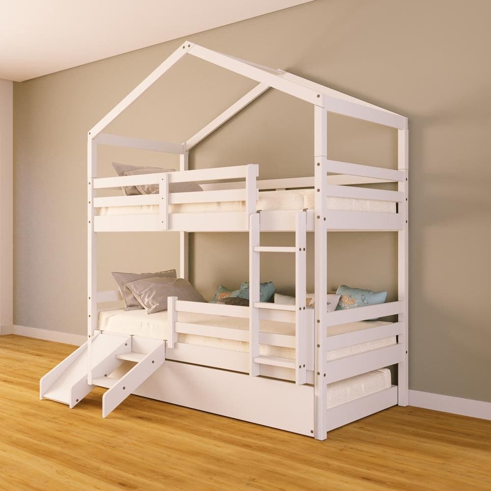 Treliche Solteiro Casinha e Kit Escada/Escorregador Grade Proteção Madeira Maciça Branco Megamobilia