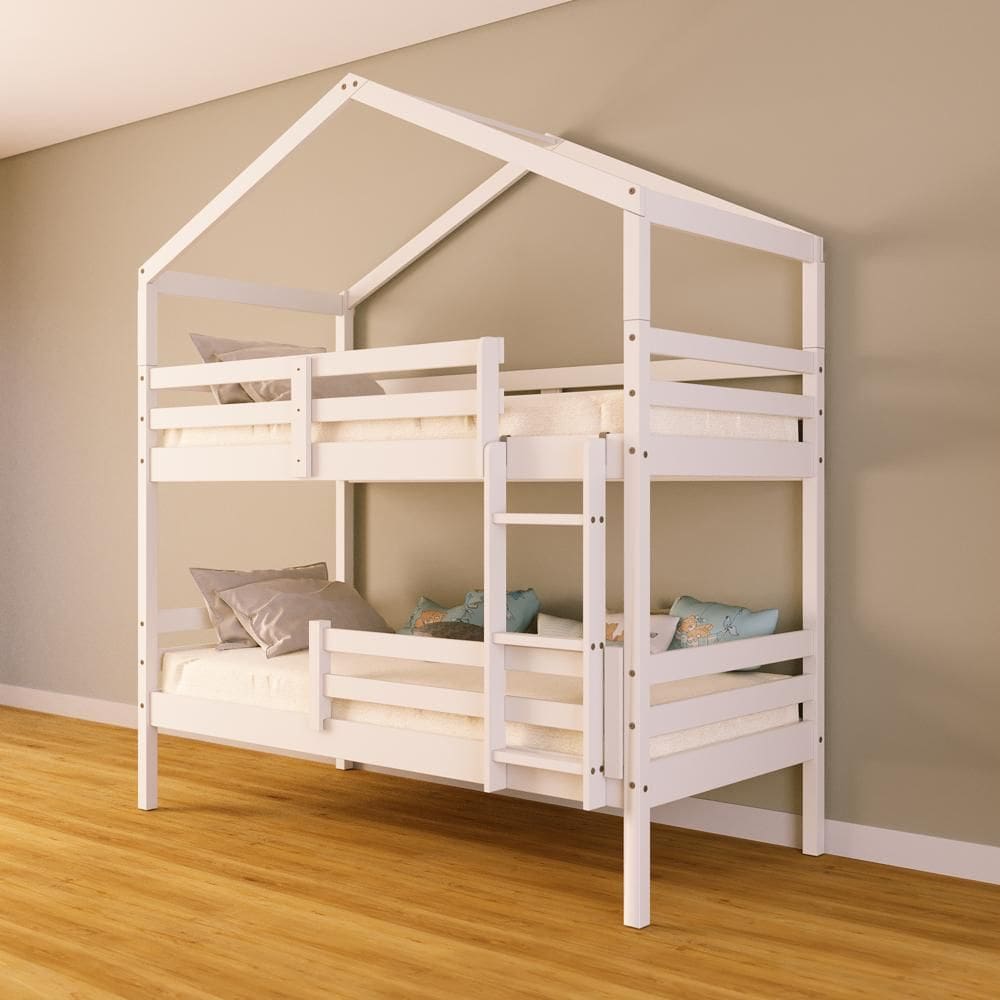 Beliche Solteiro Casinha com Grade Proteção Madeira Maciça Branco Megamobilia