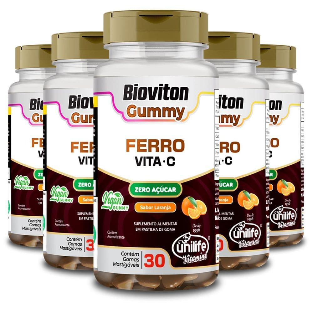 Kit 5 Gummy Ferro + Vitamina C Laranja Unilife 30 Gomas