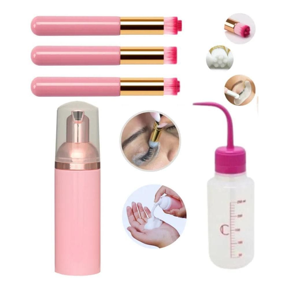 2X Kit Limpeza De Cílios - Pump Rosa Pisseta Pincel De Limpe