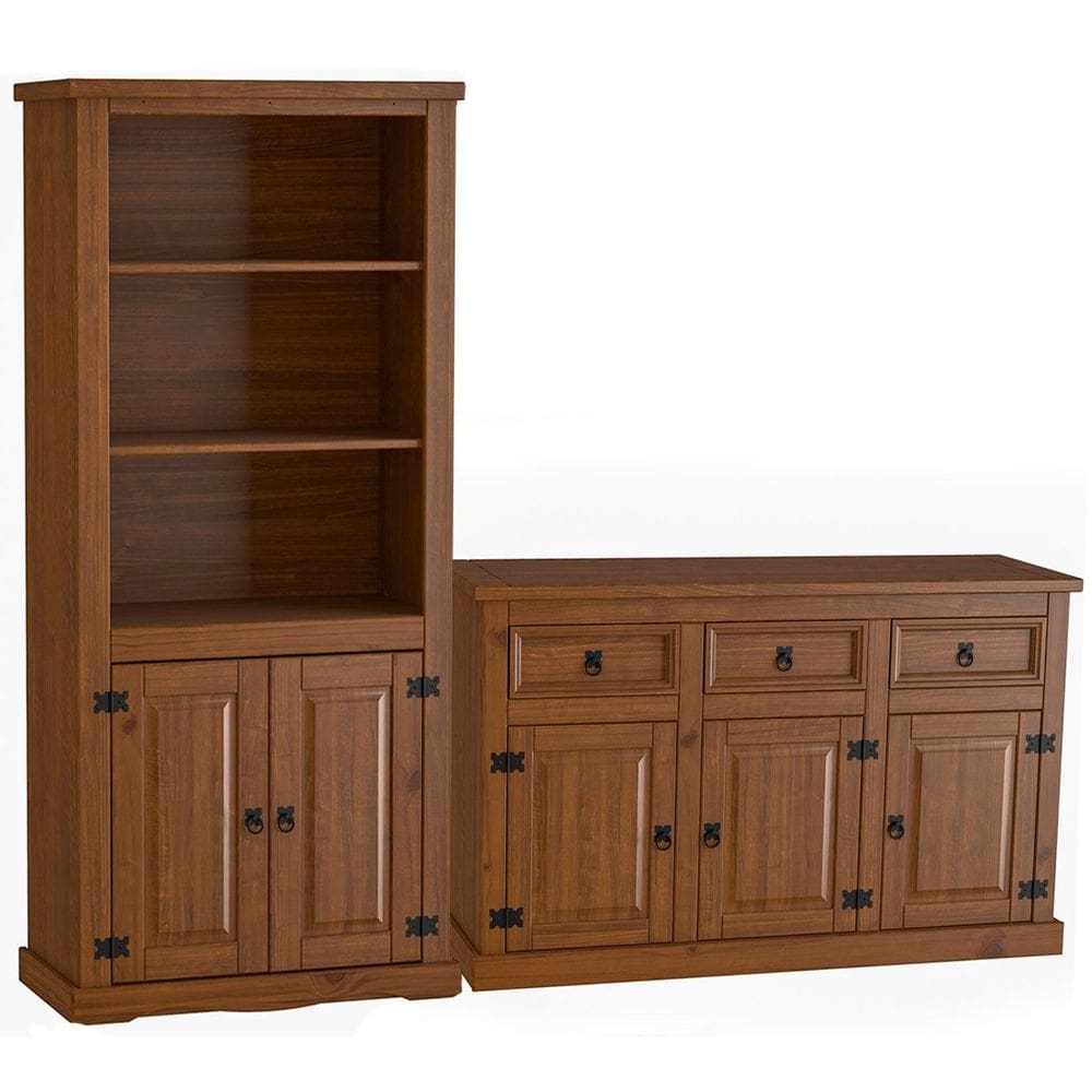 Kit Balcão Buffet Aparador 3 Portas e Livreiro 100% Madeira Império