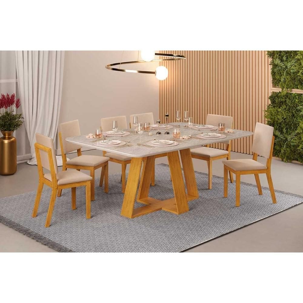 Sala de Jantar Completa Celeste c/ Tampo Madeirado Retangular 170x90cm e 6 Cadeiras Talia Cedro/Quartzo - Suede Creme - DJ Móveis