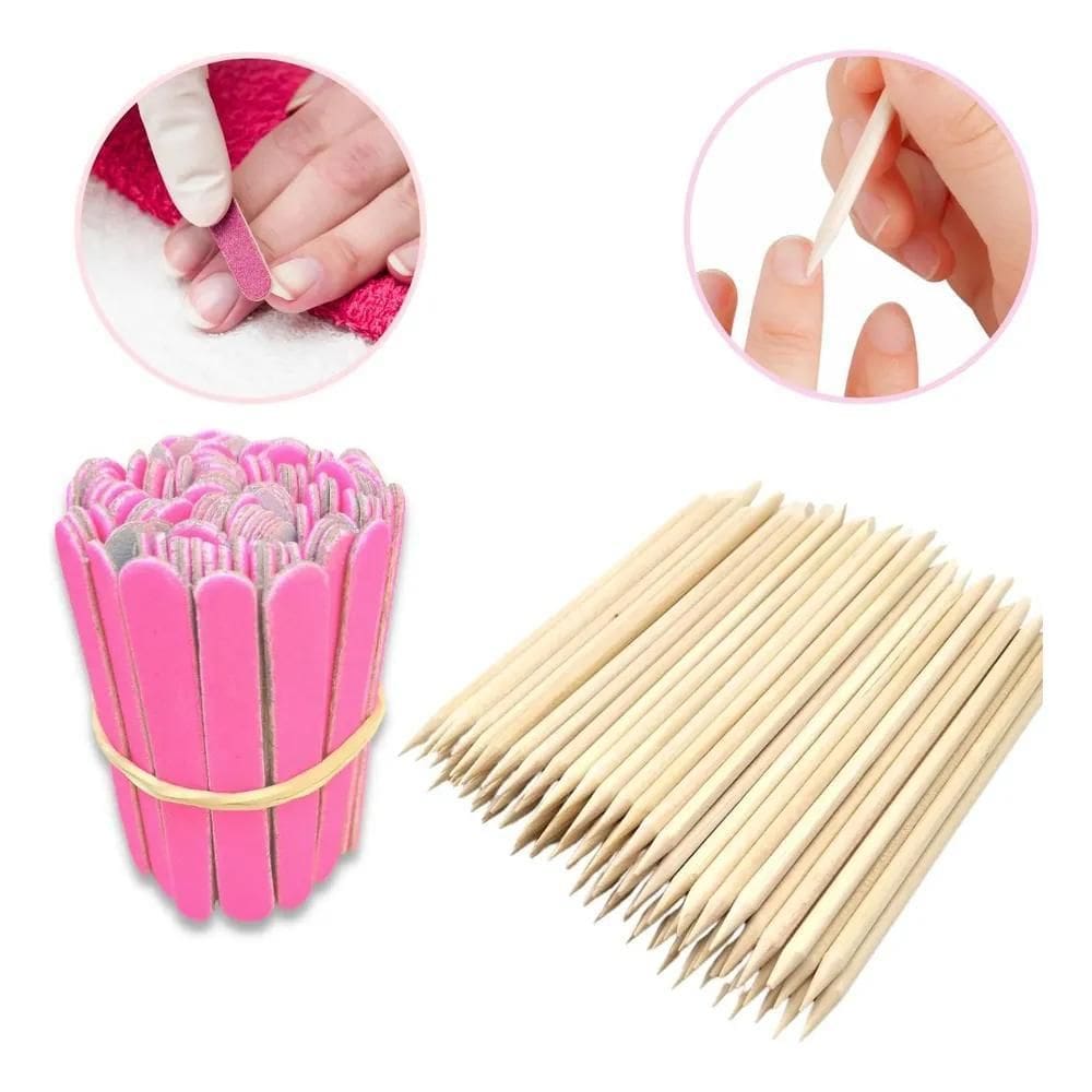 2X Kit 100 Lixas De Unha Mini + 100 Palitos Manicure Pedicur