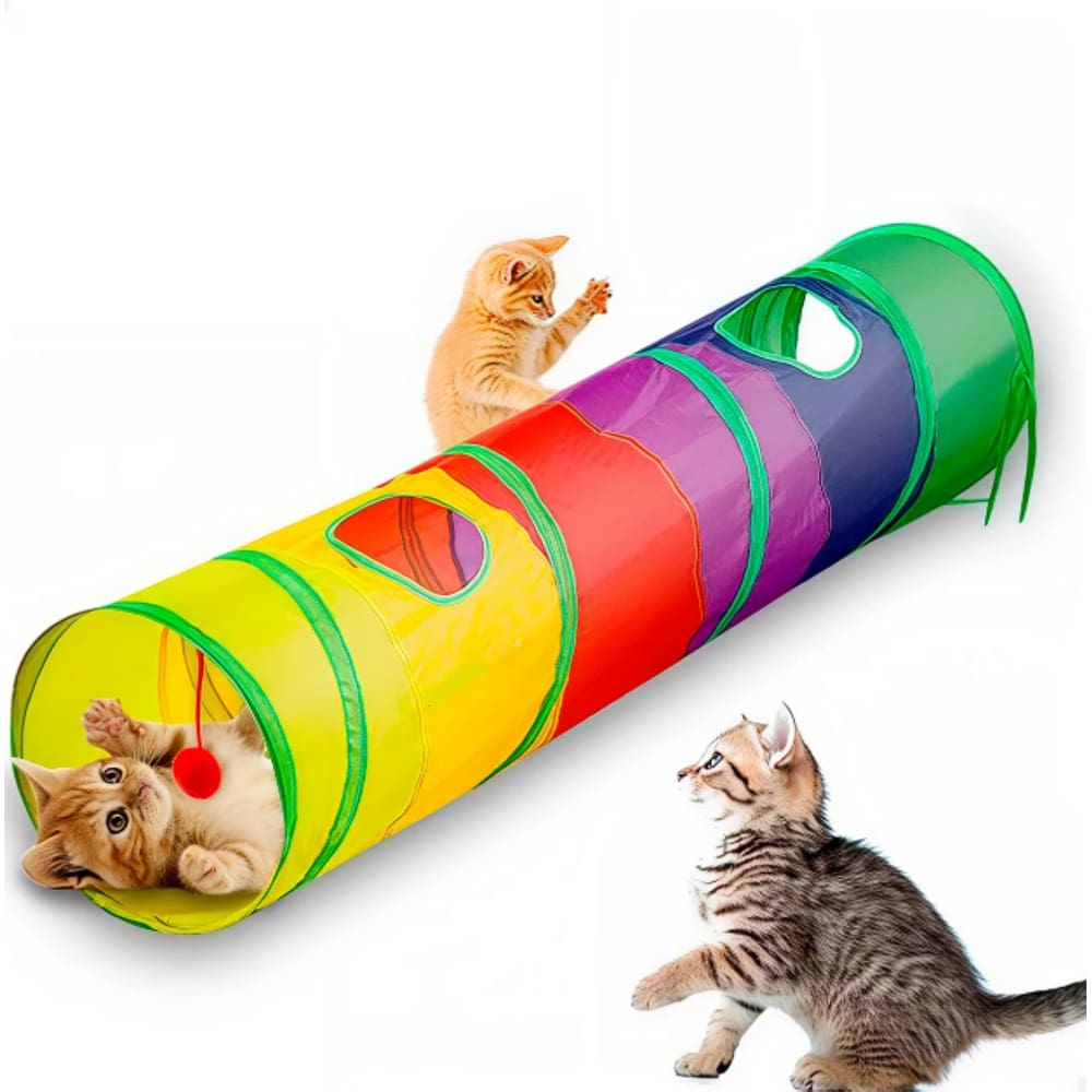 Túnel Brinquedo para Gato Dobrável Colorido com Bolinha – 120cm x 25cm