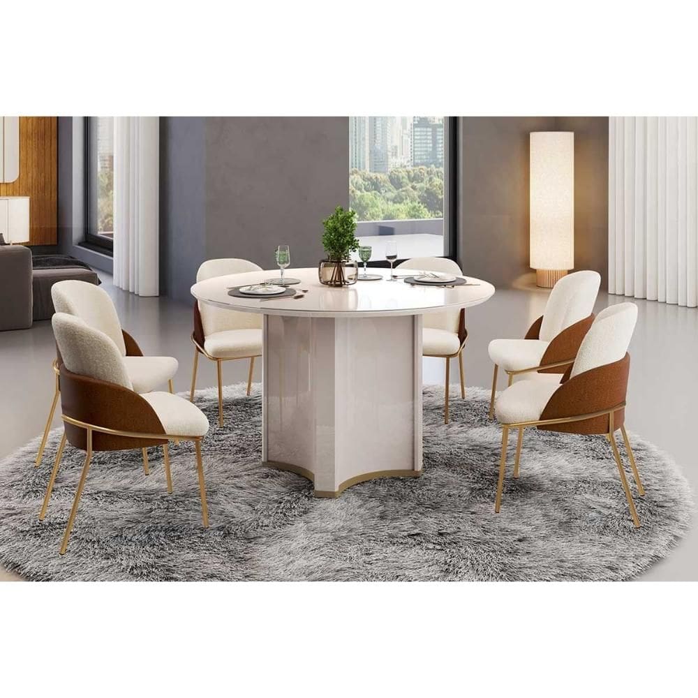 Sala de Jantar Completa Chanel c/ Tampo Madeirado c/ Vidro Redondo 136x136cm e 6 Cadeiras Vitta Off White - Boucle Perola/Terracota - DJ Móveis