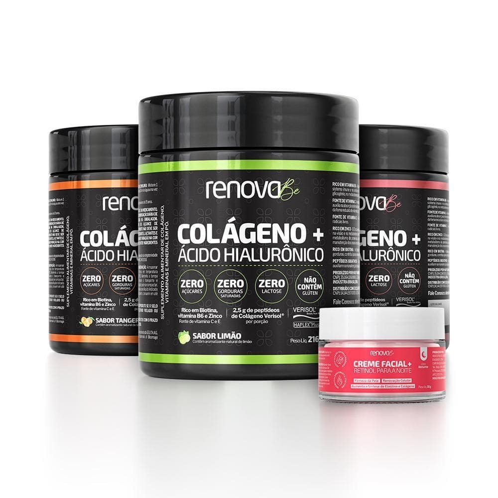 3 Potes Colágeno Verisol Renova Be + 1 Creme Facial Retinol
