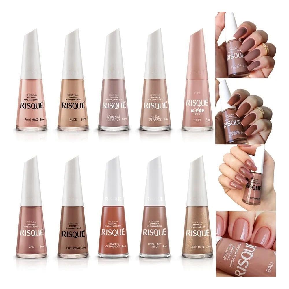 3X Kit Esmalte Risque  Manicure 10 Cores Tons Nude