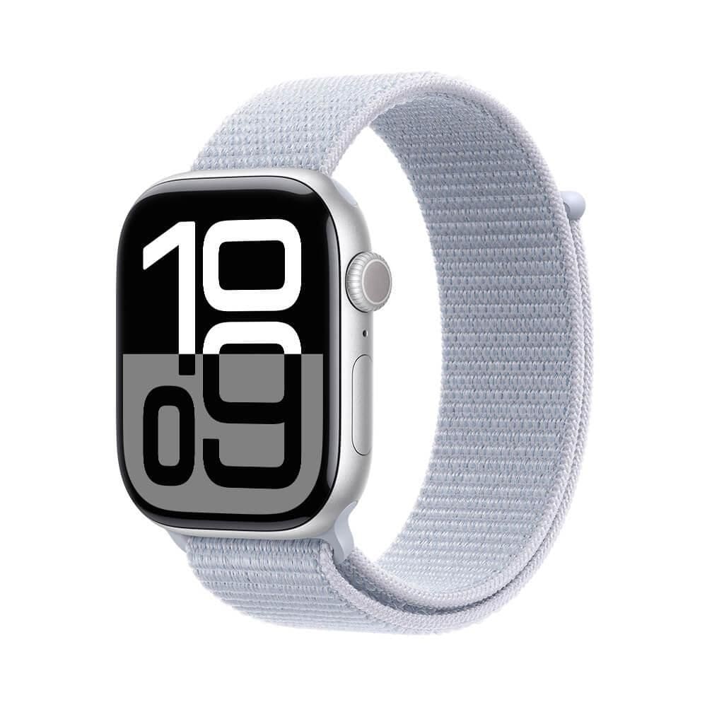 Apple Watch Series 10 GPS • Caixa prateada de alumínio – 46 mm • Pulseira loop esportiva nuvem azul