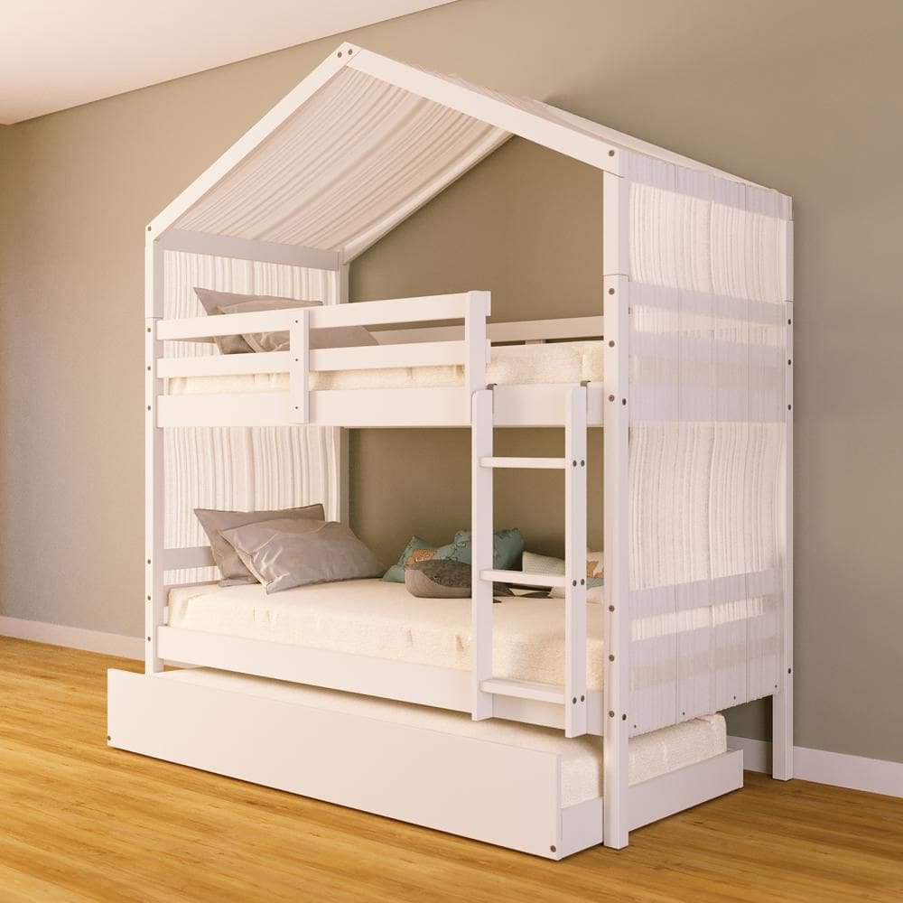 Treliche Solteiro Casinha com Cortina Madeira Maciça Branco Megamobilia