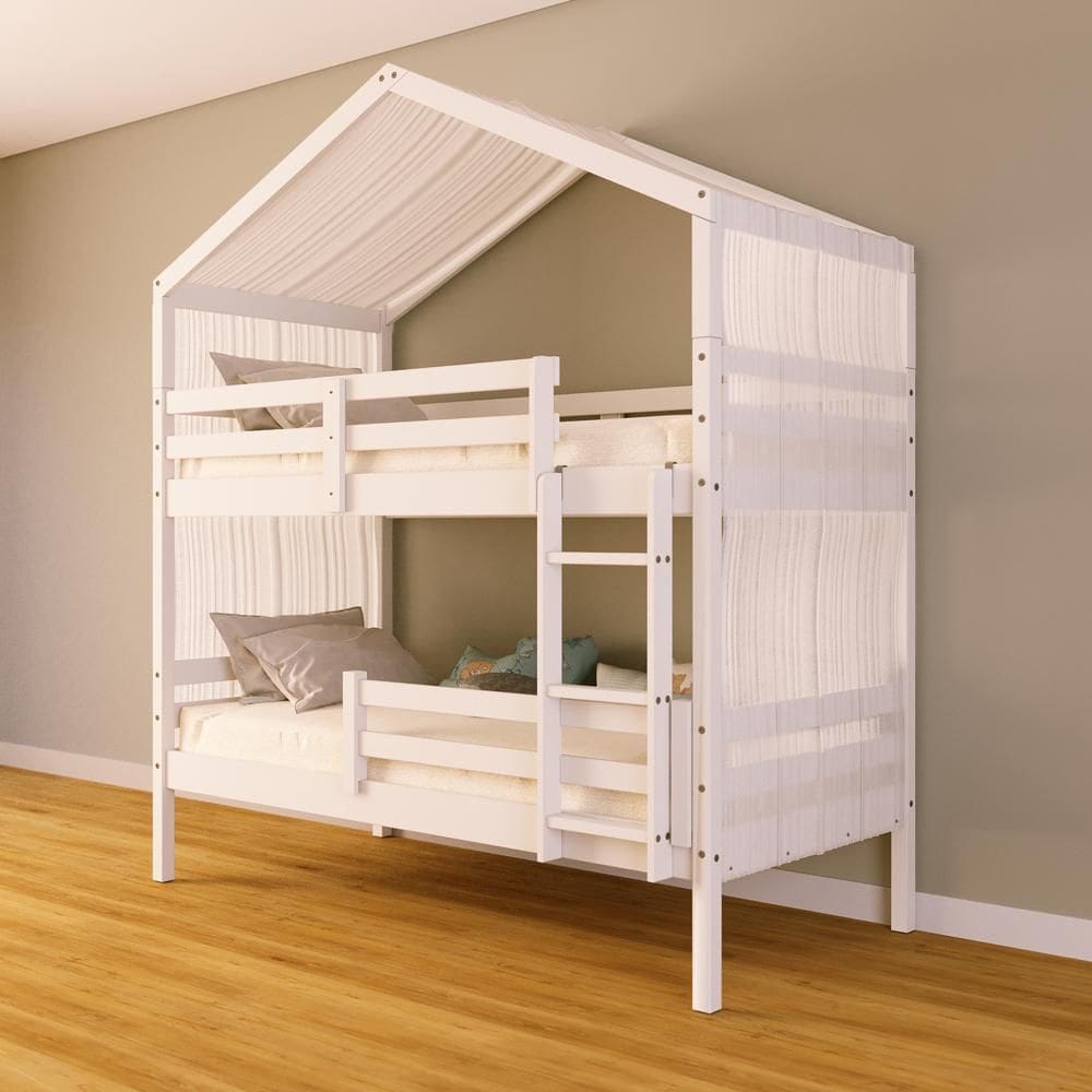 Beliche Solteiro Casinha com Cortina Grade de Proteção Madeira Maciça Branco Megamobilia