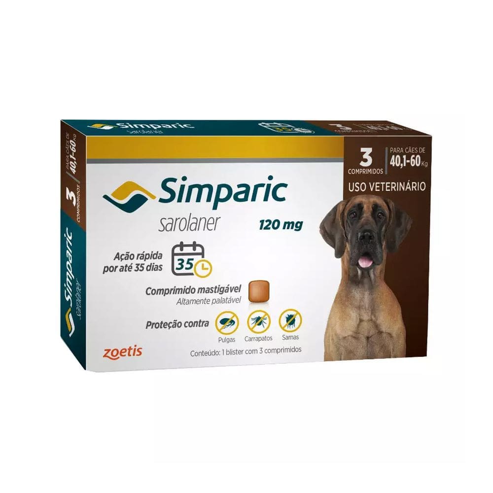 Simparic Antipulgas e Carrapatos 120mg Para Cães de 40,1 a 60kg 3Comprimidos+Surpresa