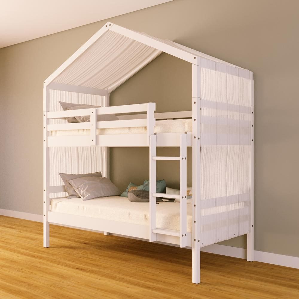 Beliche Solteiro Casinha com Cortina Madeira Maciça Branco Megamobilia