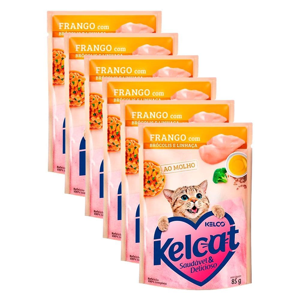 Ração Úmida para Gatos Kelcat Sabor Frango com Brócolis e Linhaça em Sachê 85g | Kit com seis unidades