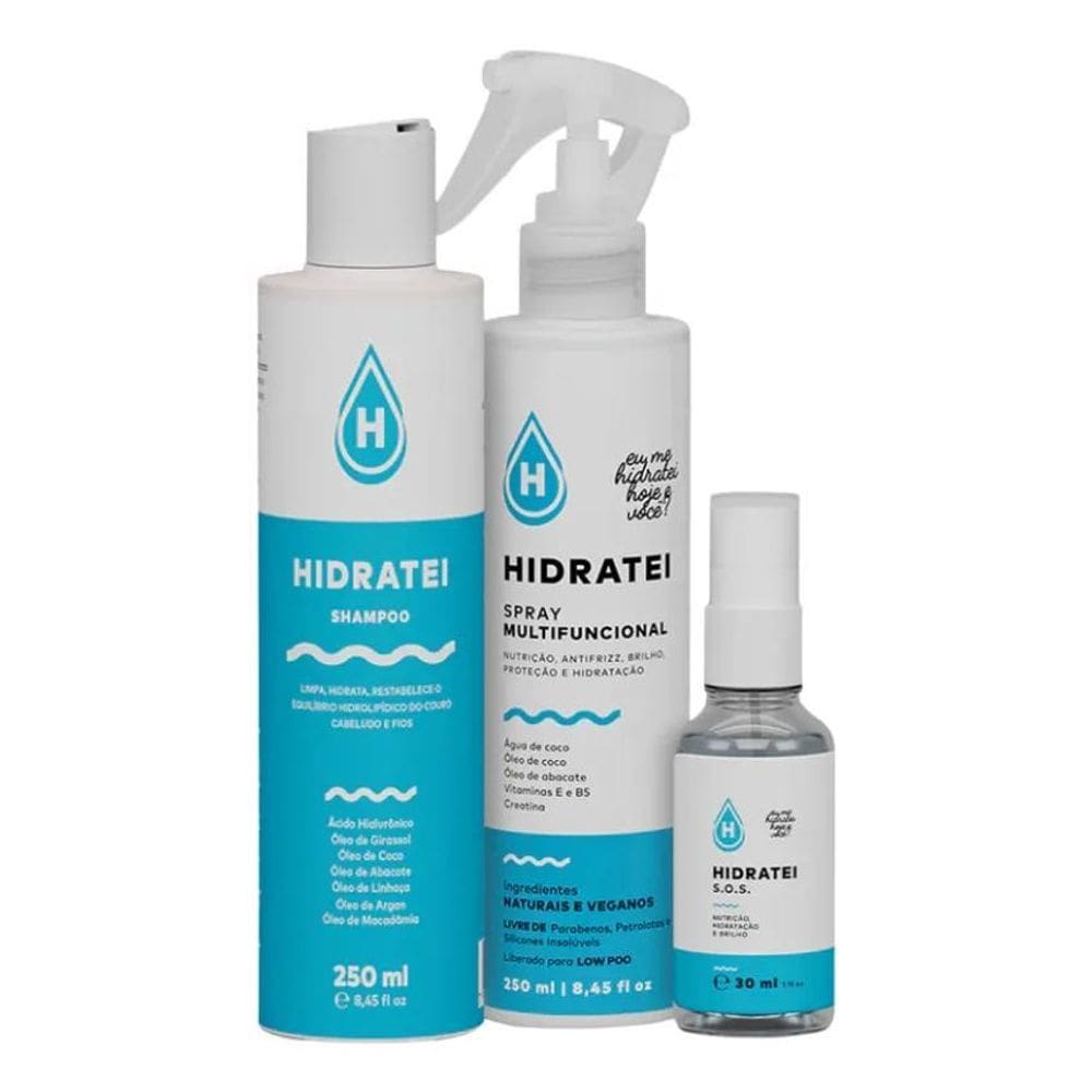2X Kit Hidratação Total Spray Hidratei + S.O.S + Shampoo