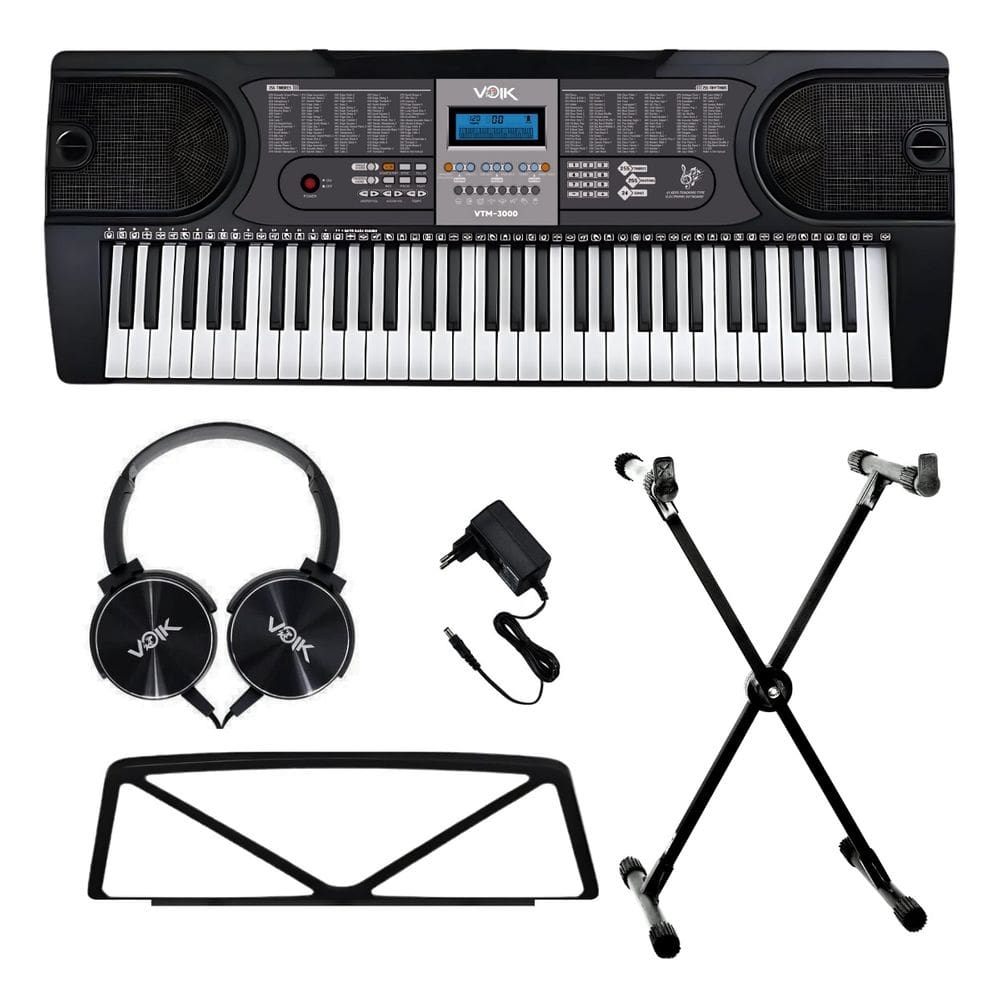 Kit Teclado Musical 61 Teclas Voik VTM-3000 Com Suporte em X
