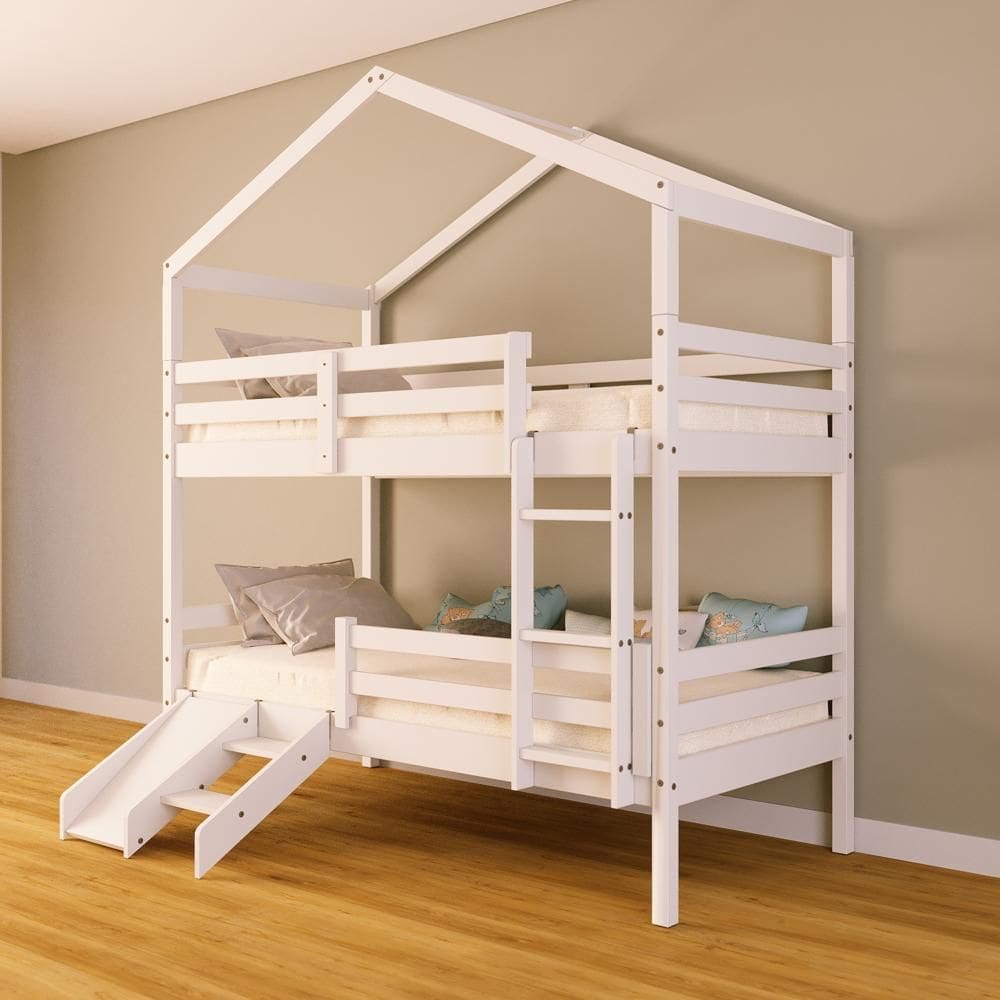 Beliche Solteiro Casinha com Kit Escada/Escorregador Grade Proteção Madeira Maciça Branco Megamobilia